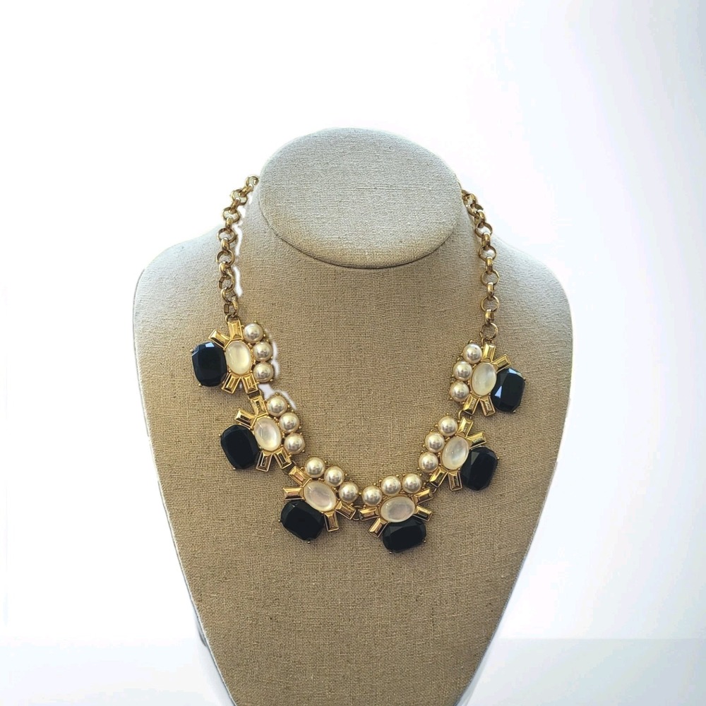 Navy Blue Faux Pearl Gold Tone Statement Bib Necklace Chunky Collar